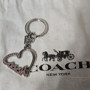 Coach EUC Silver and Pink Heart Keychain with Small Dust Bag